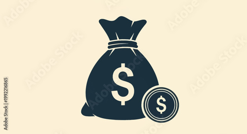 Minimalist vector illustration of a dark silhouette money bag with a dollar sign symbol and a circular currency coin, isolated on a plain cream background for finance concepts.
