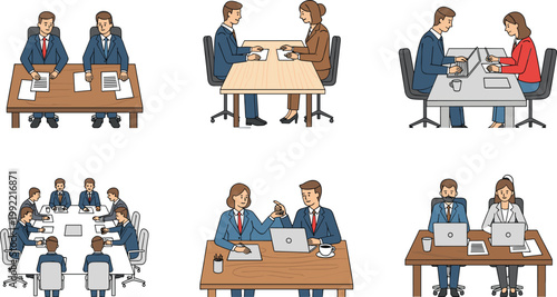 Vector illustration set of business people in office meetings conducting interviews collaborating on laptops and corporate teamwork scenes for professional workplace presentations and infographics