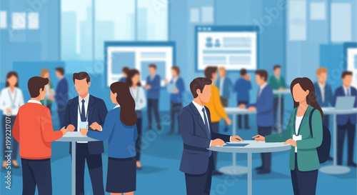 Vector illustration of professionals networking at a corporate event or job fair, standing around high-top tables in a modern office hall with blurred backgrounds and screens.