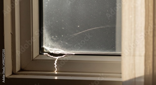 A close-up view of a damaged window with a broken glass pane and a cracked frame in a dark room with sunlight peeking through