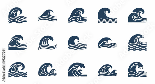 Set of fifteen stylized dark blue ocean wave silhouettes and minimalist sea icons depicting breaking crests, tidal surges, curling water, and surf ripples on a white background.