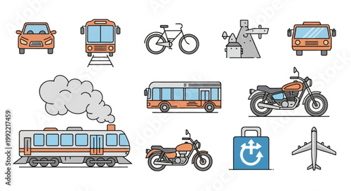 Vector set of transport icons featuring a car front view, tram, bicycle, bus, steam train locomotive with smoke, motorcycles, travel suitcase with arrows, and airplane in line art.