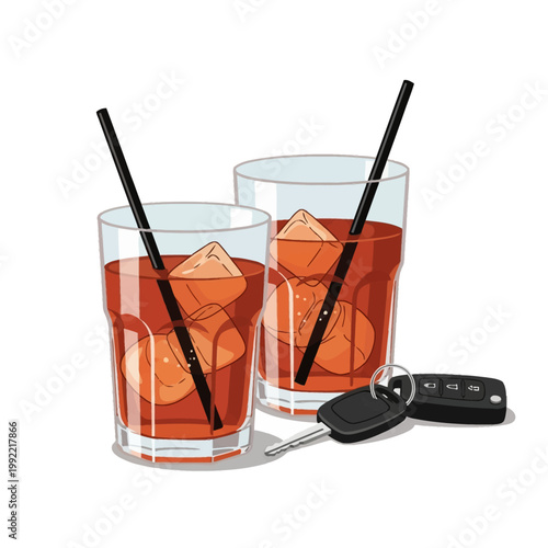 Vector illustration of two glasses of amber alcoholic drink with ice and straws placed next to car keys on white background, symbolizing the dangers and risks of drunk driving.