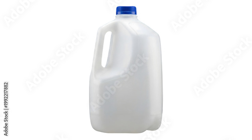 A white plastic gallon jug with a blue cap presented vertically in a clean studio setting isolated on transparent background