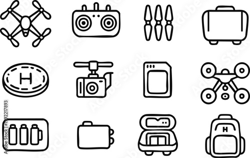 drone line icons set camera sd card propeller helipad backpack