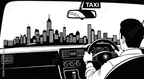 A taxi rider city silhouette.