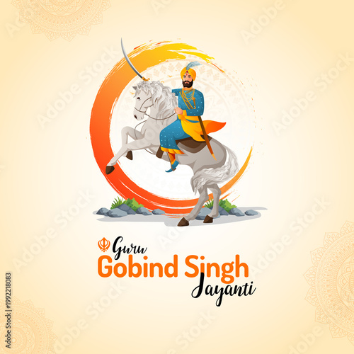 Guru Gobind Singh Ji greeting card with heroic horse rider illustration and festive Sikh background