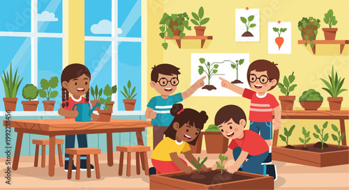 Five happy children are engaged in a gardening lesson in a bright classroom, learning how to plant, water, and identify various green plants.