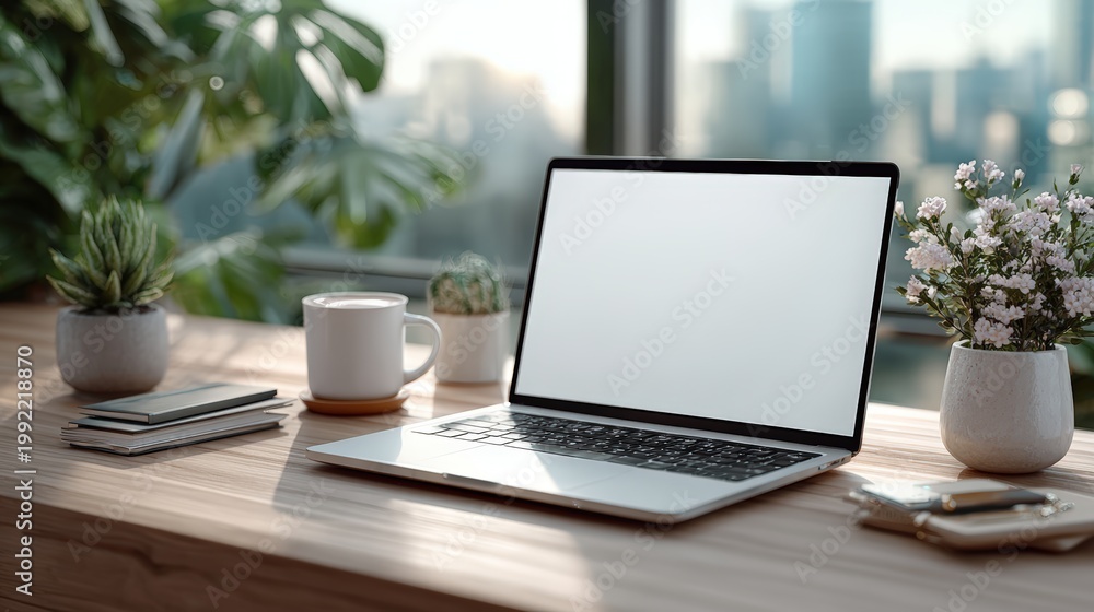 Fototapeta premium Modern Desk Setup With Laptop and Plants by the Window Golden Hour Lighting