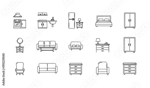 Minimal furniture outline vector icon collection for home interior on white background