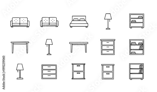 Modern furniture minimal line icon set for home interior UI design on white