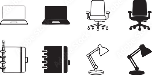 Minimalist office workspace icon set with black silhouettes and line art.