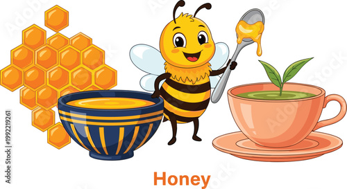Honey Bee Character with Honeycomb Bowl and Tea Cup Vector Illustration Featuring Cute Cartoon Bee with Spoon for Sweet Food and Beverage Design