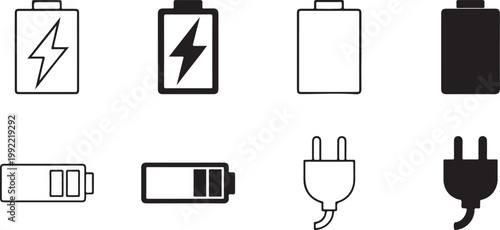 Flat minimalist charging battery icon set with lightning bolt symbols.