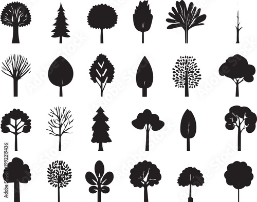 Black tree silhouette collection highlighting seasonal foliage and natural landscape