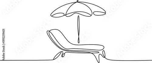 chaise longue with umbrella hand-drawn, continuous monoline.one line drawing vector illustration