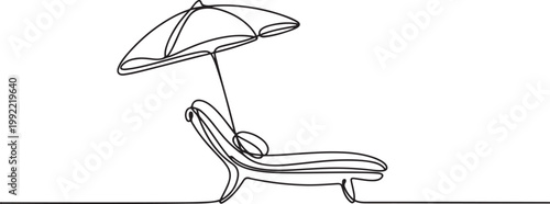 chaise longue with umbrella hand-drawn, continuous monoline.one line drawing vector illustration