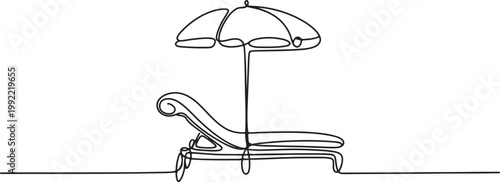 chaise longue with umbrella hand-drawn, continuous monoline.one line drawing vector illustration