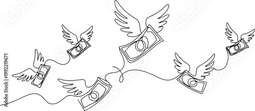 Continuous line design of flying winged money. Symbol of spending bills, loss of money, wastage.one line drawing vector illustration