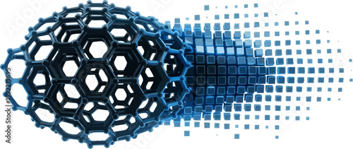 Abstract Nanotechnology and Science Concept with Hexagonal Structures Decomposing into Pixels