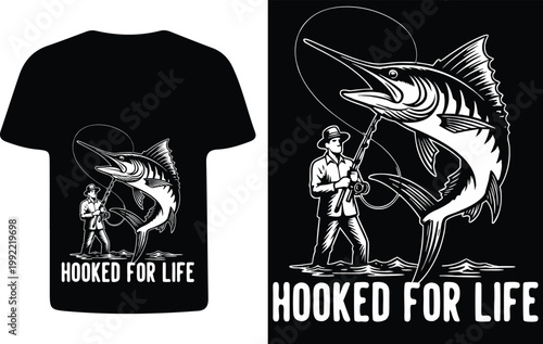 Vintage style t shirt graphic featuring a fisherman and marlin design