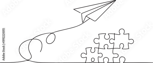 Continuous line drawing of paper plane flying up connected with puzzle pieces, jigsaw. Problem solving and solution business metaphor, idea concept.one line drawing vector illustration
