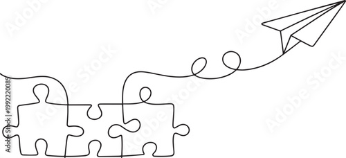 Continuous line drawing of paper plane flying up connected with puzzle pieces, jigsaw. Problem solving and solution business metaphor, idea concept.one line drawing vector illustration
