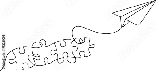 Continuous line drawing of paper plane flying up connected with puzzle pieces, jigsaw. Problem solving and solution business metaphor, idea concept.one line drawing vector illustration