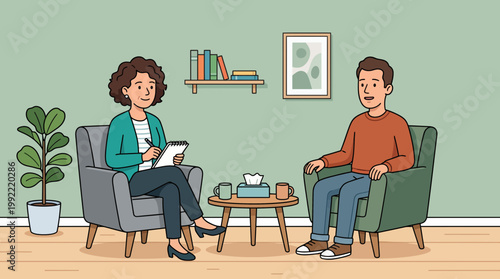 Psychologist Consulting Male Patient in Therapy Office Vector Art