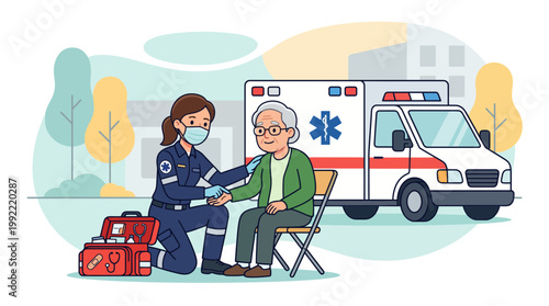 Paramedic Providing Medical Assistance to Elderly Man Near Ambulance