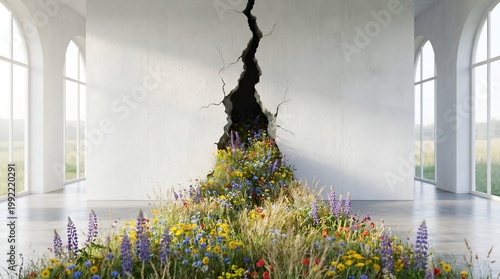 Vibrant Wildflowers Bursting from a Cracked Wall in a Minimalist Gallery Interior