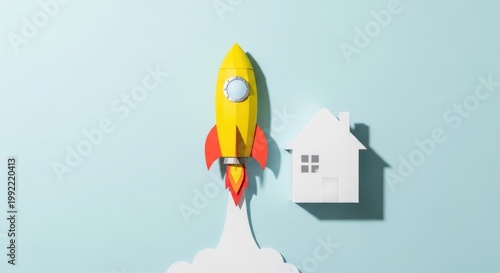 Paper rocket launching from a white wall a symbol of innovation and growth