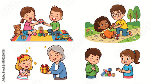 Children Character Set Showing Good Manners and Social Skills