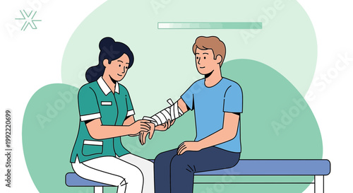 Nurse applying bandage to patient's arm, rehabilitation and medical care concept