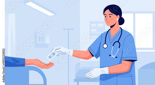 Nurse Applying Bandage to Patient's Hand in Hospital Room