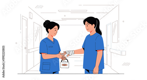 Nurse applying bandage to patient's hand in hospital corridor