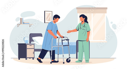 Nurse Assists Patient with Walker in Hospital Room