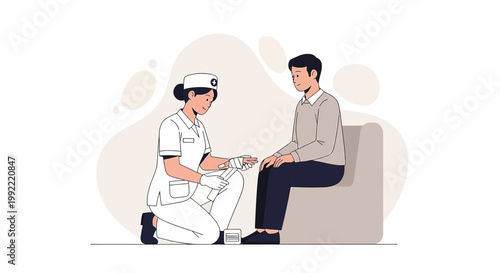 Nurse applying bandage to patient's hand, medical care concept