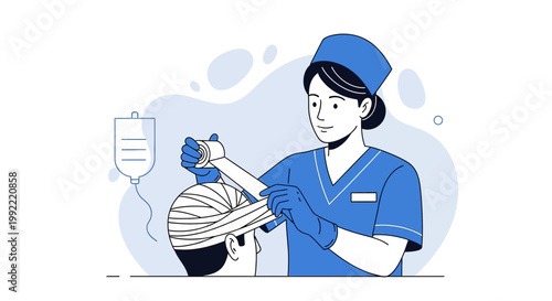 Nurse Applying Bandage to Patient's Head After Medical Procedure