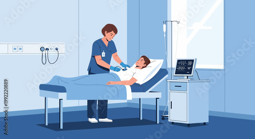 Nurse Attends Patient in Hospital Room with Medical Equipment