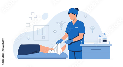 Nurse Applying Bandage to Patient's Injured Foot in Medical Clinic