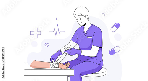 Nurse bandaging patient's arm, medical care, healthcare, hospital, doctor, treatment, clinic