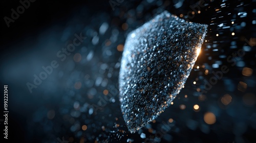 Abstract Shield Form Shattering into Glittering Particles with Golden Light Flare in Dark Background