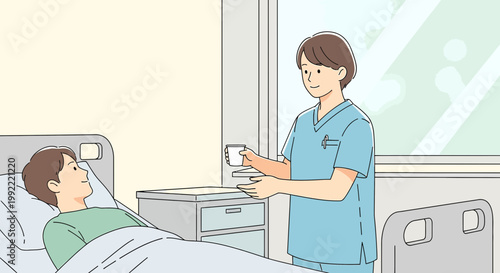 Nurse Cares for Patient in Hospital Bed, Offering Drink