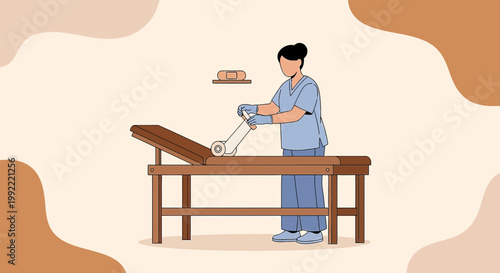 Nurse Applying Bandage to Patient's Leg on Examination Table