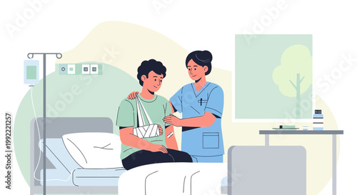 Nurse Cares for Patient with Arm Cast in Hospital Room