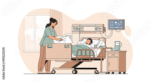 Nurse Cares for Patient in Hospital Room, Adjusting Pillow