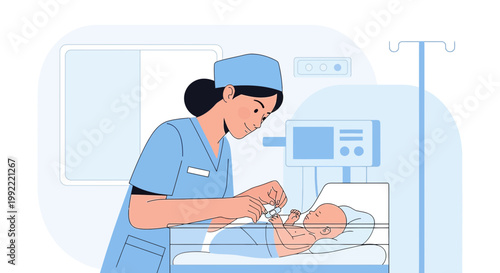 Nurse caring for newborn baby in hospital incubator, medical equipment