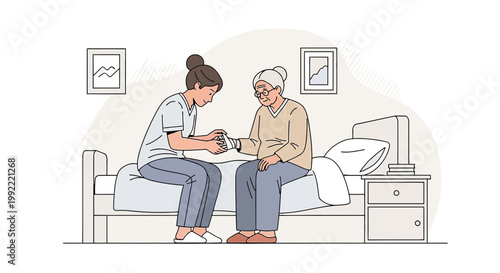 Nurse caring for elderly woman, checking vital signs, home healthcare, medical assistance