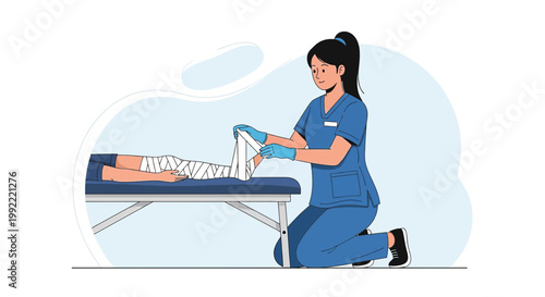 Nurse Applying Bandage to Patient's Leg on Medical Bed - Healthcare Illustration